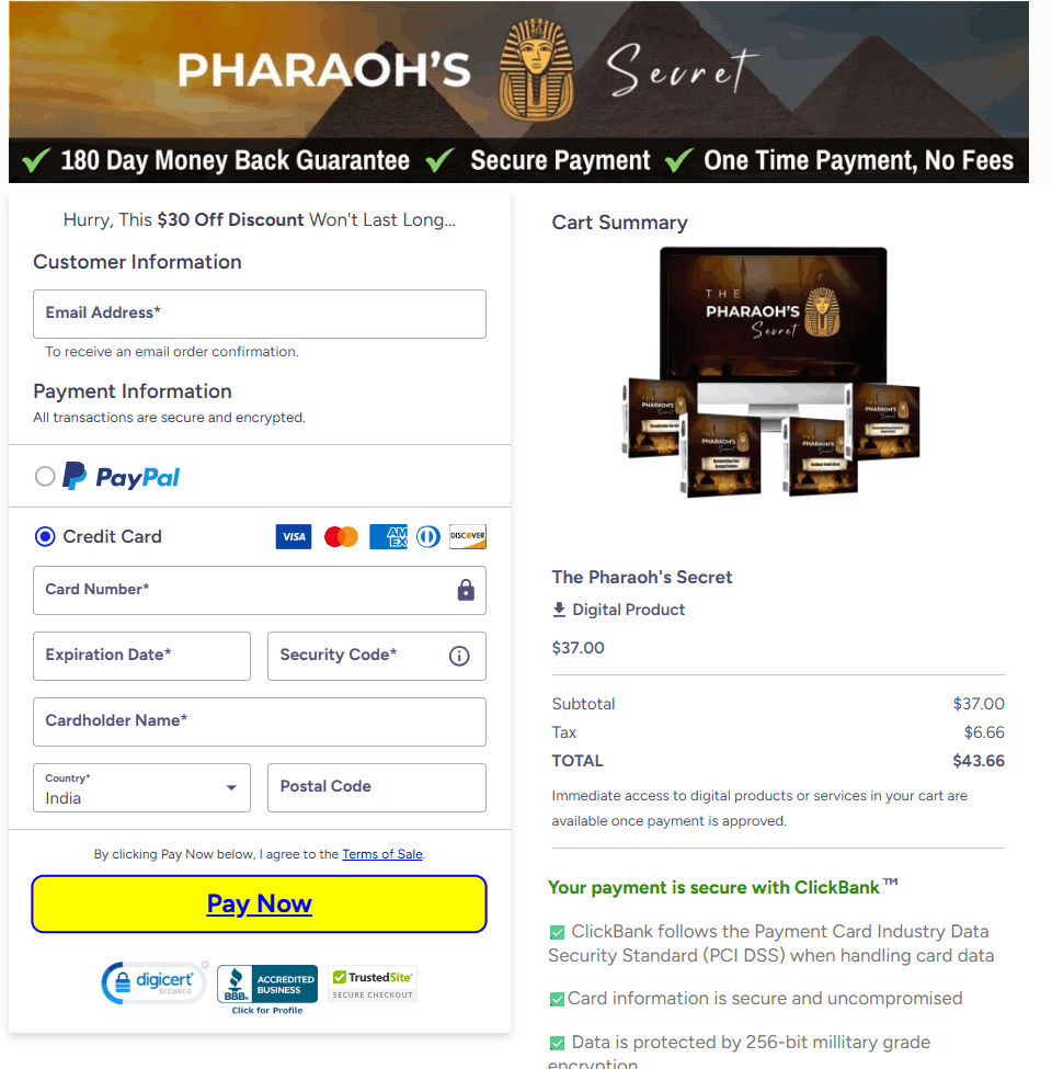 The Pharaoh's Secret Checkout Page